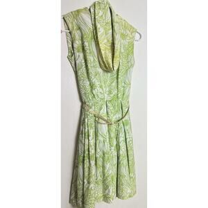 Vintage 1950s House of Nine Green White Floral Foliage Sleeveless Dress w/ Belt
